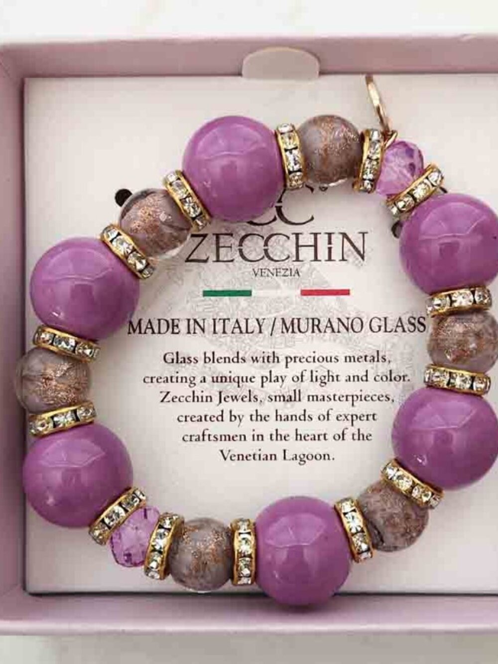 CC Zecchin Venezia Handmade Murano Glass Beads Bracelet Purple Italy